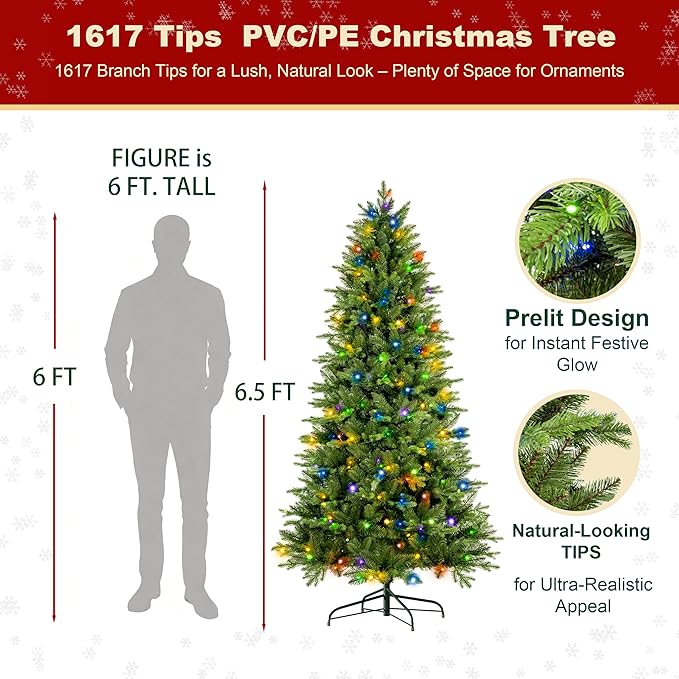 6.5ft Pre Lit Christmas Tree with 450 Multi-Color LED Lights – Artificial Tree with 1617 Realistic PE & PVC Tips, Hinged Branches, Foot Pedal and Metal Stand for Indoor Holiday Decor