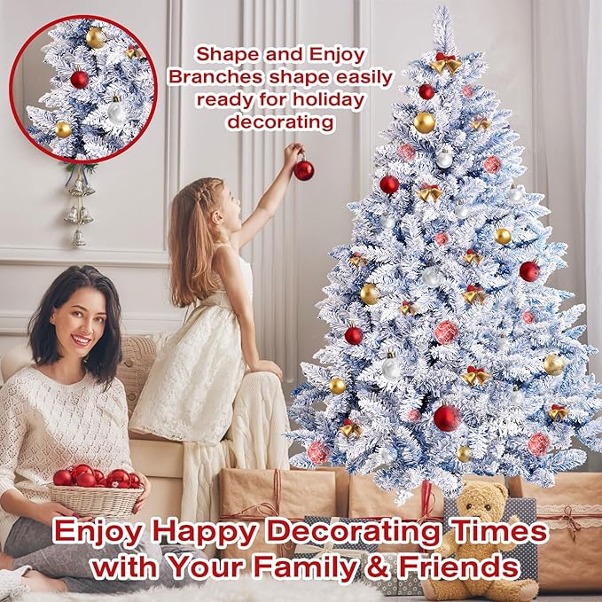6ft Premium Hinged Artificial Holiday Christmas Tree for Home, Office, Party Decoration Snow Flocked Xmas Pine with 1,000 Branch Tips, Easy Assembly, Metal Hinges & Base (Blue)
