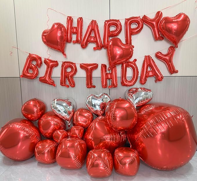 Red Birthday Decorations with 16pcs Large 4D Foil Balloons in Different Size (10-50 Inch) + 6pcs 18" Heart Balloons + 16” Happy Birthday Banner for Indoor Outdoor Party Decorations (Red)