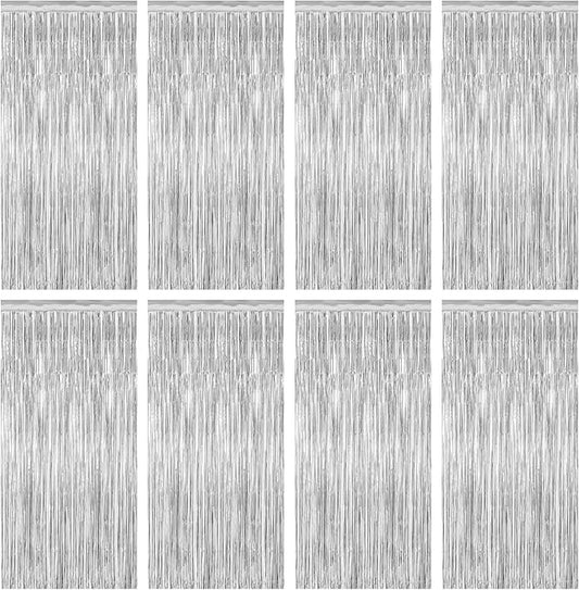 8 Pack Silver Backdrop, 3.28 FT x 7.05 FT Birthday Backdrop, Metallic Silver Tinsel Curtain Disco Party Streamer, Bachelorette Party Decorations Birthday Photo Booth Props