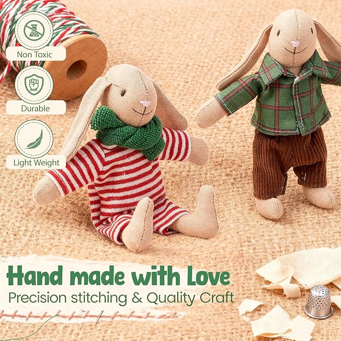 Giant bean® Bunny Toys for Kids, Christmas Bunny, 4 PCS Hand Made Rabbit Family Dolls with Removable Clothes, Suitable for Infants, Boys and Girls, Dollhouse People