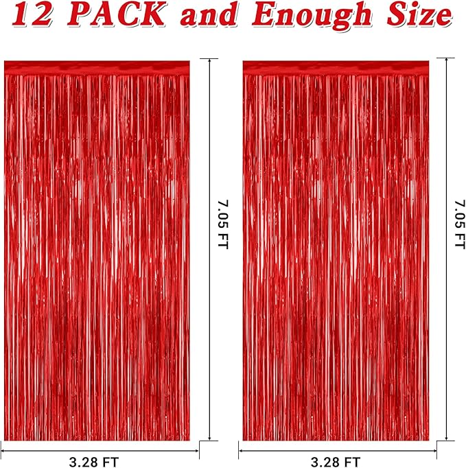 12 Pack Red Curtains, 3.28 FT x 7.05 FT Party Streamer, Metallic Party Backdrop Birthday Streamer Foil Curtains, Fringe Tinsel for Red Party Decor Casino Theme Decorations Party Supplies