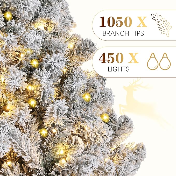 7.5 ft Christmas Tree, Christmas Decorations with 450 Lights, Pre-lit Artificial Christmas Tree with 1050 Snowy White PVC Branches, Flodable Metal Stand＆Easy Assembly