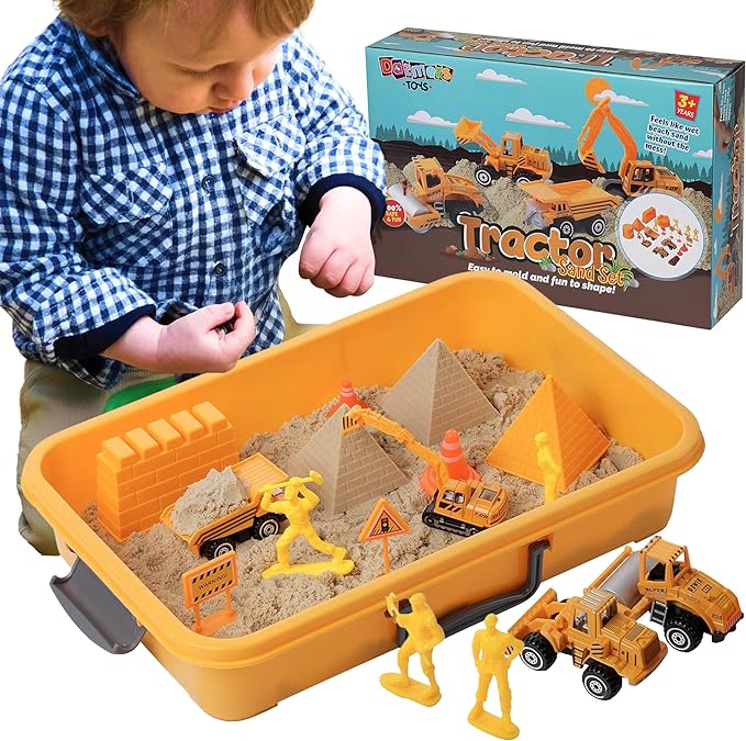 Construction Sandbox Toy for Kids With 2 lbs Play Sand, Bulldozer, and Figures - Tractor Sand Playset - Children's 3-5 Boys Farm Set, Indoor Mini Construction Play Set
