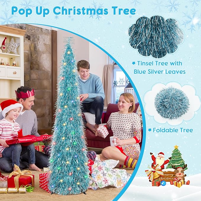 5FT Christmas Trees with 90 Lights, Collapsible Artificial Sequin Pop Up Christmas Tree, Tinsel Slim Pencil Christmas Tree for Home Holiday Fireplace Party Indoor Outdoor Xmas Decorations