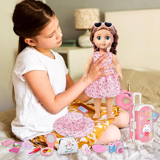 Doll Suitcase Travel Set, 18 inch Doll Clothes and Accessories - 26 Pcs Travel Pillow, Unicorn Bag, Sunglasses, Camera, Computer, Phone, Passport, Birthday Gift for Age 3 4 5 6 Year Old Girls