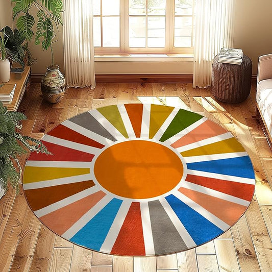 Washable 6Ft Round Sun Area Rug for Living Room, Rainbow Sun Modern Abstract Boho Circle Rug, Ultra Thin Low Pile Lightweight Indoor Carpet Mat with Non-Slip Backing for Bedroom Kids Nursery Play Room