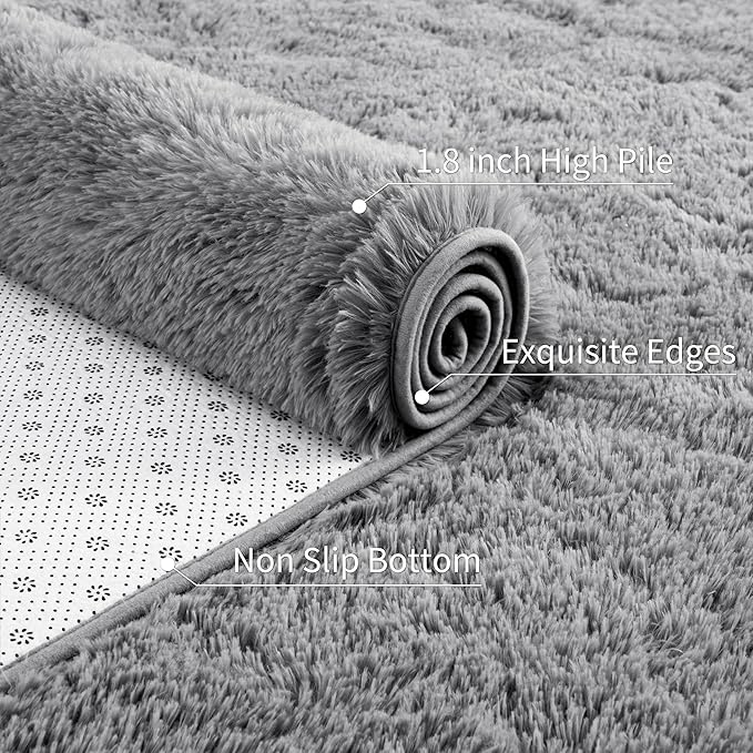 3x5 Grey Fluffy Bedside Area Rug Machine Washable, Small Shag Rugs Non Shedding for Living Room, Fluffy Carpet Anti Slip, Kids Playroom, Boy Girl Nursery