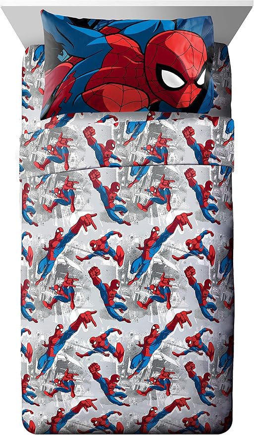 Jay Franco Marvel Spiderman Burst 4 Piece Twin Bed Set - Includes Reversible Comforter & Sheet Set - Bedding - Super Soft Fade Resistant Microfiber - (Official Marvel Product)