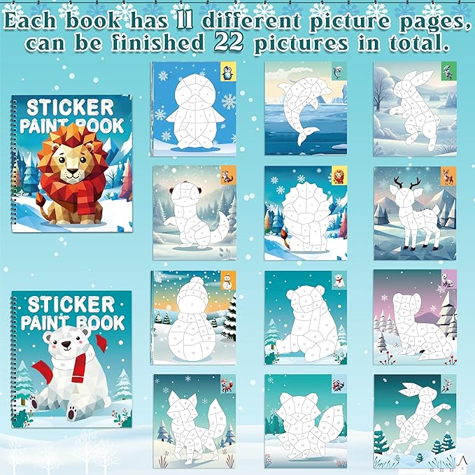 90shine 2PCS Winter Crafts for Kids Ages 4-8 Sticker Books Christmas Gift Party Favors Create 22 Pictures