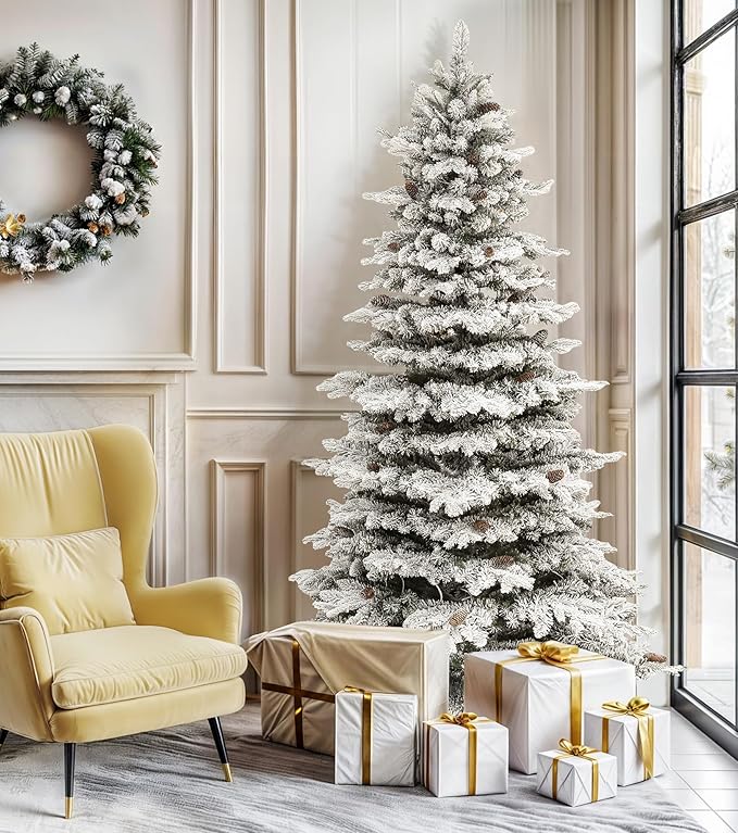 DWVO Flocked Christmas Tree Prelit 9ft, Atificial Christmas Tree with 820 LED Lights & 80 Pine Cones, Full Flocked Xmaxs Trees with 1818 Branch Tips, Metal Hinged & Stand Home Party Decoration