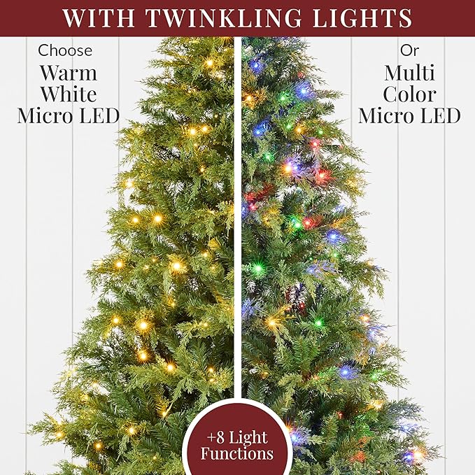 Best Choice Products Pre-Lit Cedar Cypress Christmas Tree w/Twinkling Lights, 6ft Lighted Artificial Holiday Décor, White & Multicolored LEDs