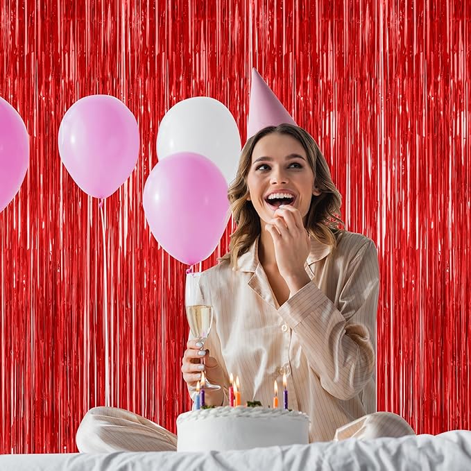 4 Pack Red Backdrop, 3.28 FT x 7.05 FT Party Streamer, Metallic Birthday Tinsel Backdrop Foil Fringe Curtains, Door Streamer for Red Party Decorations Casino Decor Photo Booth Props