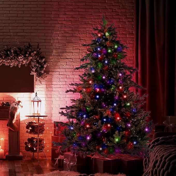 Fraser Hill Farm 7.5-ft. Woodside Pine Christmas Tree with Dual Multicolor & Warm White LED Lights, Fake Tree with Remote Control, Easy Set Up and Easy to Connect