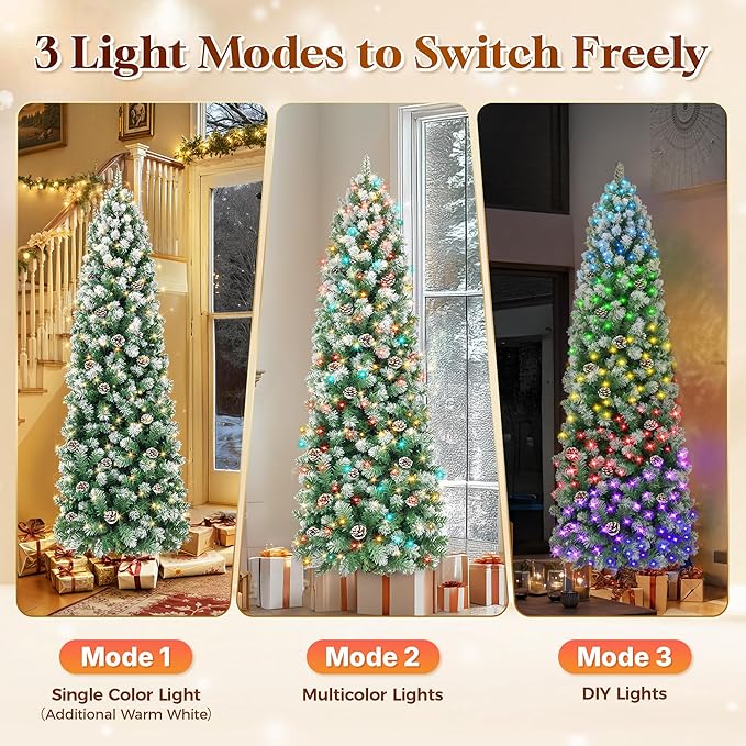 HOLLO STAR 6 ft Prelit Christmas Tree with 233 LED Lights, App Control, Slim Pencil Christmas Tree, Multi-Color RGBW Lights, 588 Flocked Frosted Tips, Xmas Tree, 51 Pine Cones, for Home, Party