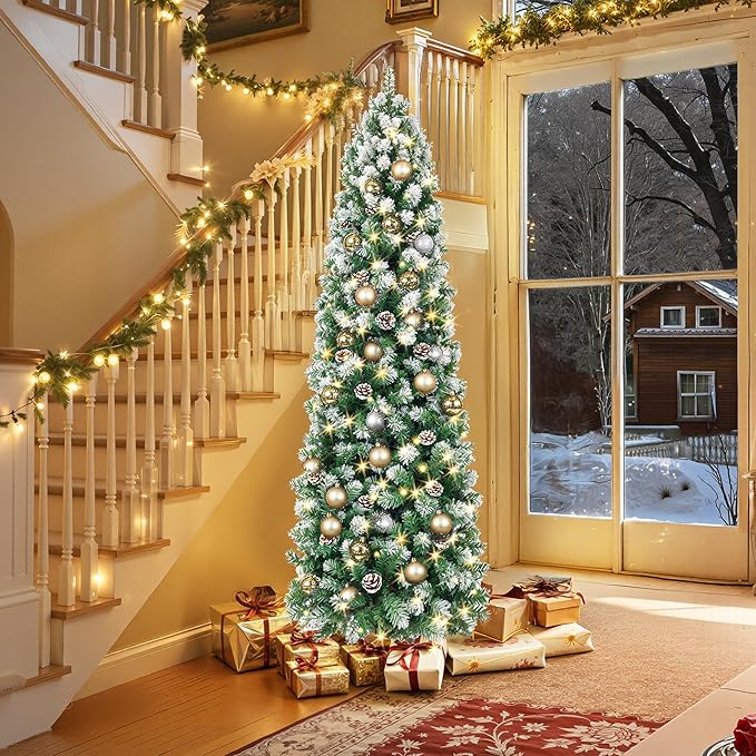 HOLLO STAR 6 ft Prelit Christmas Tree with 233 LED Lights, App Control, Slim Pencil Christmas Tree, Multi-Color RGBW Lights, 588 Flocked Frosted Tips, Xmas Tree, 51 Pine Cones, for Home, Party