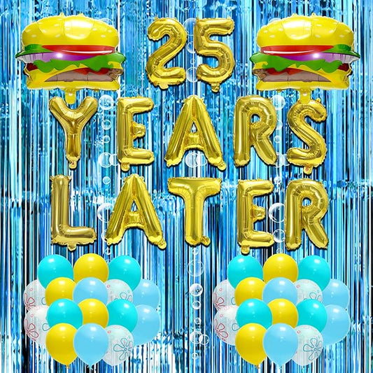 25th Yellow Sponge Birthday Decorations, 104PCS 25 Years Later Balloon Set with Hamburger Balloons, Blue Backdrop Bubble Garland, Crepe Paper, Tinsel Foil Fringe Curtain for Under the Sea Party
