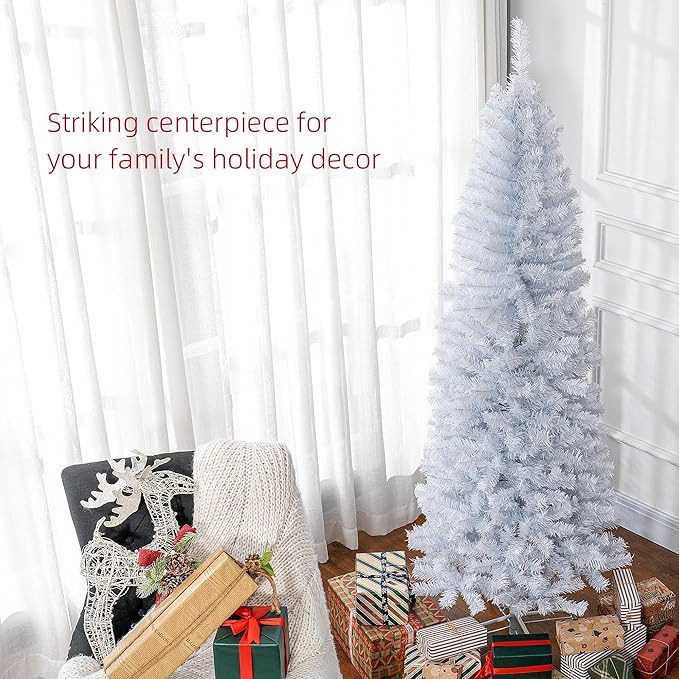 HOMCOM 6ft Pencil Christmas Tree, Unlit Artificial Christmas Tree Slim Douglas Fir Xmas Tree with Realistic Branches, Halloween Tree with 618 Tips, White