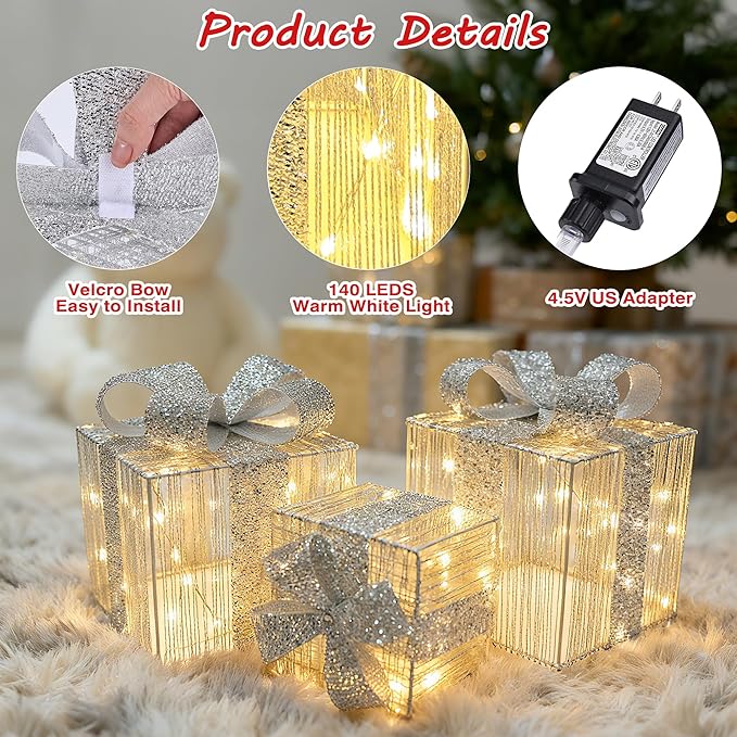 Set of 3 Christmas Lighted Gift Boxes - Pre Lit Presents Christmas Boxes Outdoor Lighted with Different Sizes for Holiday Indoor Outdoor Decoration (Silver, Small)