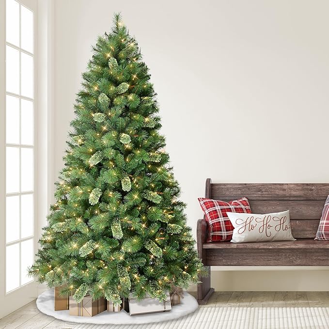 Puleo International 7.5ft Pre-Lit Teton Pine Christmas Tree with 600 Clear Lights, 1347 Realistic Dense Branch Tips, Easy Setup Artificial Trees with Sturdy Metal Stand