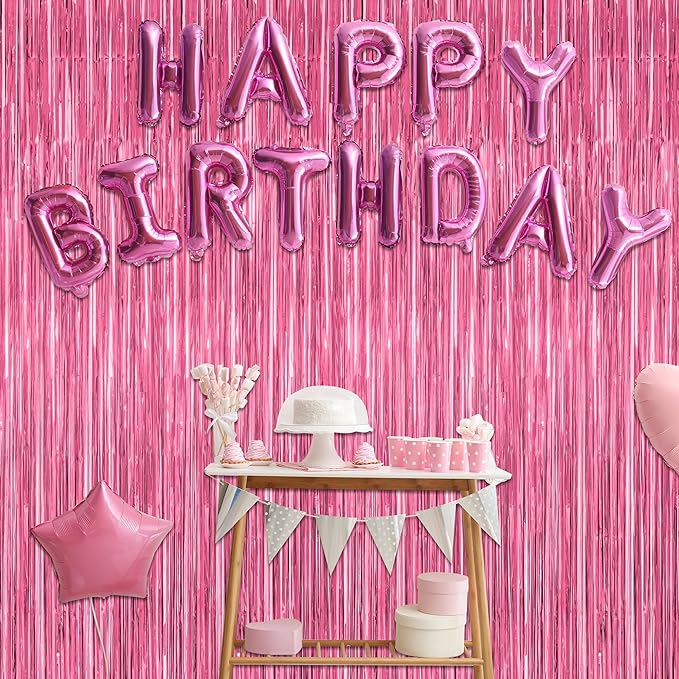 2 Pack Pink Party Decorations, 3.28 FT x 7.05 FT Pink Backdrop, Metallic Tinsel Backdrop Fringe Curtains Backdrop Curtains, Photo Backdrop Party Supplies Birthday Party Decorations