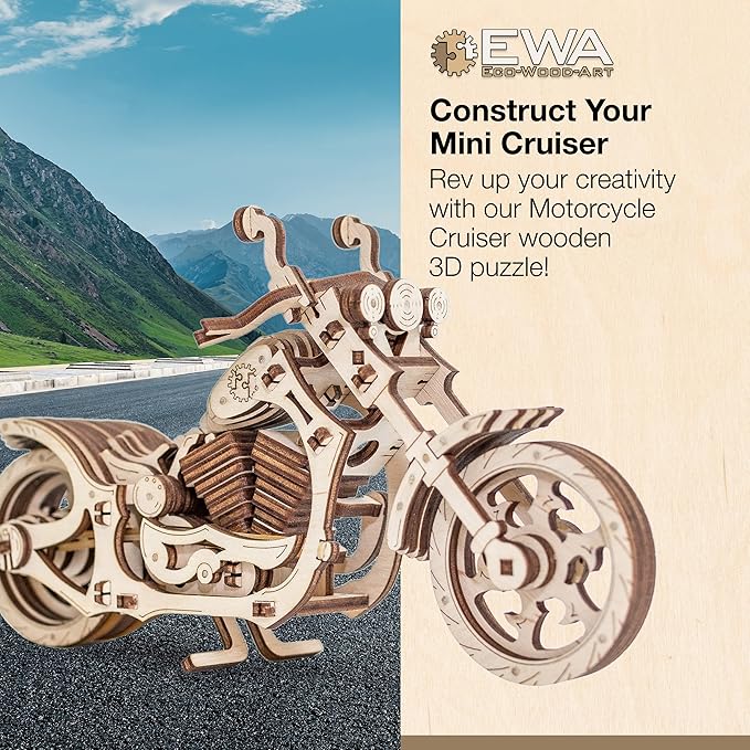 3D Puzzles for Adults - DIY Cruiser Motorcycle Model Kit with Rubber Band Engine, Functional Handlebars & Center Prop Stand - 3D Wooden Puzzle for 15 yrs Above & Adults - Eco Wood Art, 152 Pieces