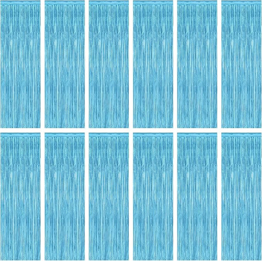 12 Pack Party Decorations, 3.28 FT x 7.05 FT Sky Blue Curtains, Metallic Party Streamers Photo Booth Backdrop Foil Fringe Curtains, Light Blue Winter Wonderland Backdrop Birthday Decor