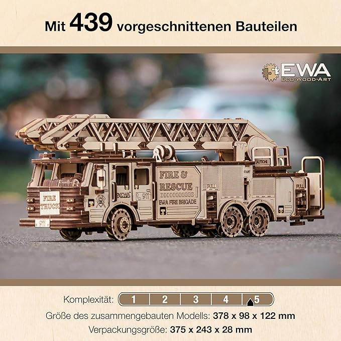 3D Wooden Puzzle - DIY 3D Puzzle Wooden Fire Truck Mechanical Model Kit with Wind Up Mechanism, Adjustable Ladder & More - 3D Puzzles for 15 yrs Above & Adults - Eco Wood Art, 439 Pieces