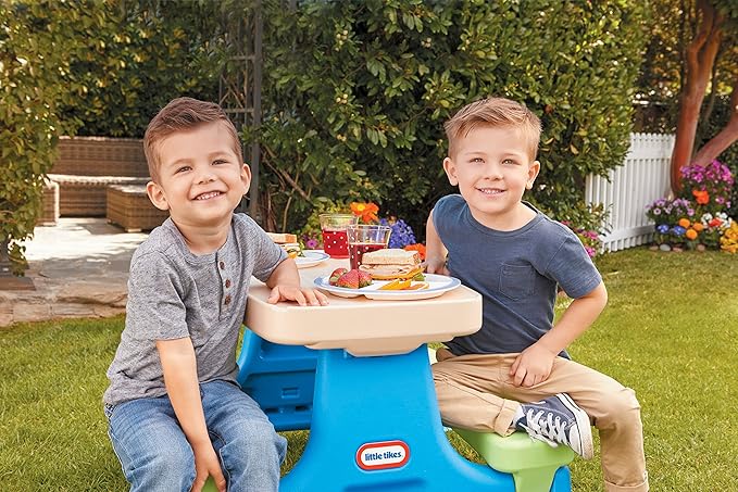 Little Tikes Easy Store Picnic Table with Umbrella, Multi Color, 42.00''L x 38.00''W x 19.75''H