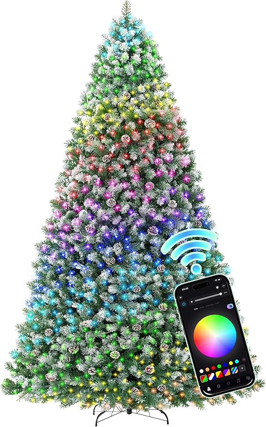 HOLLO STAR 12 ft Prelit Christmas Tree with 904 LED Lights, App Control, Artificial Christmas Tree, Multi-Color RGBW Lights, 3885 Flocked Frosted Tips, 152 Pine Cones, for Villa, Mall, Party