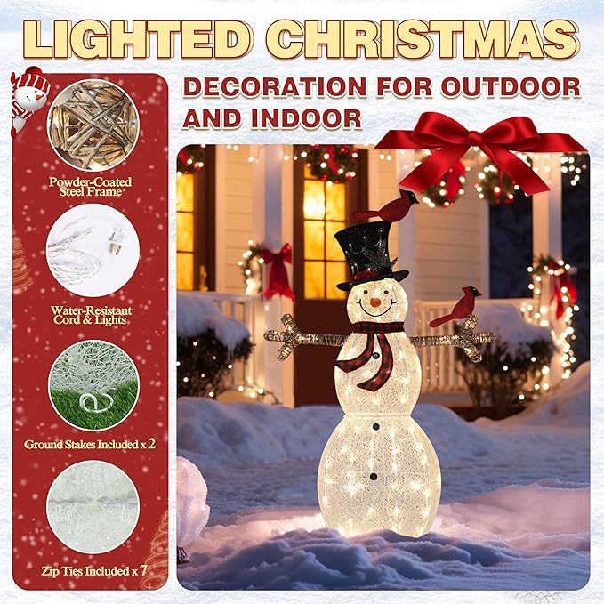 BlueWish Snowman Christmas Decorations, 5FT Lighted Snowman Decorations for Outdoor, Christmas Decorations Outdoor Warm Light Up 90 LED for Yard Indoor Garden Lawn