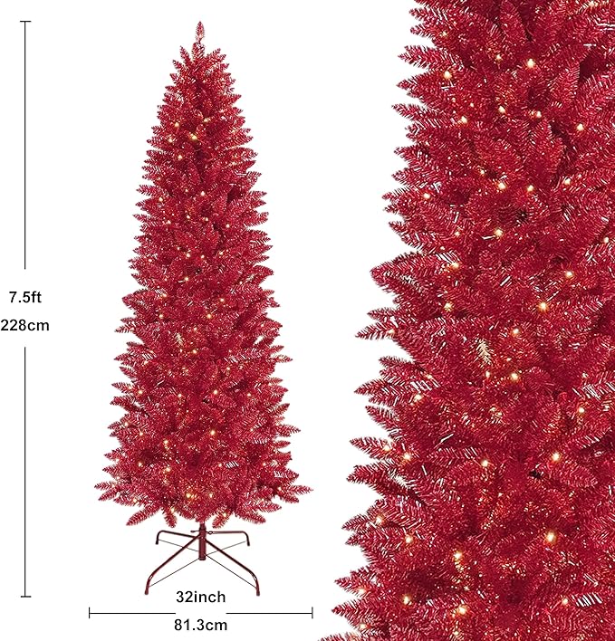 7.5FT Prelit Slim Artificial Maple Red Tinsel Christmas Tree with 250 Warm White LED Lights, Sparkling Skinny Pencil Metallic Tree for Girls’ Rooms, Living Rooms Modern Holiday Décor