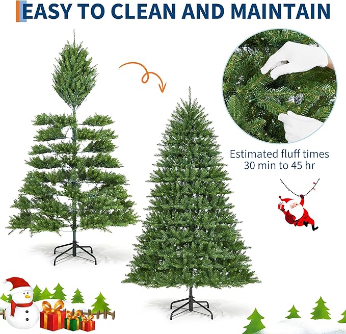 9FT Christmas Tree, Artificial Christmas Trees with 200 Lights, Prelit Christmas Tree with 8 Modes Lights, Foldable Stand, On/Off Foot Pedal, Holiday Decoration