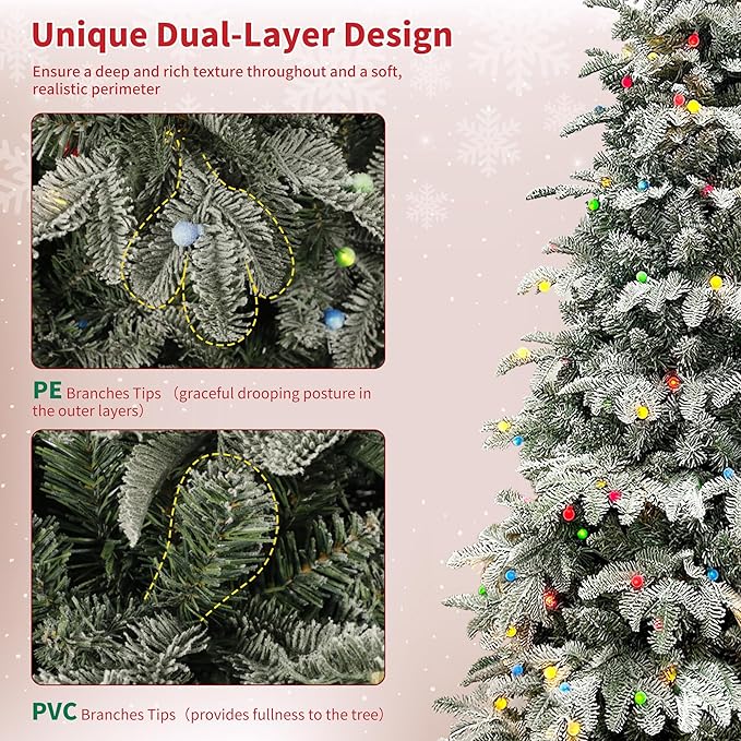 Prelit Christmas Tree 6ft, Artificial Snow Flocked Christmas Tree with 210 Lights, PE & PVC Mixed Layered Tree with Metal Stand, Xmas Tree for Holiday Home Decor