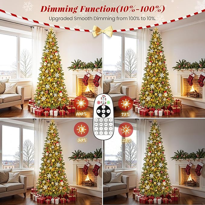 7.5ft Pre-lit Pencil Christmas Tree with Lights, 360° Rotating Stand Built-in Music, Remote Control, Slim Christmas Tree for Holiday Decor