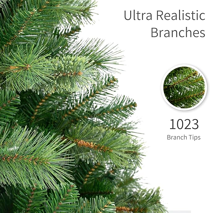 Puleo International 6.5ft Pre-Lit Teton Pine Christmas Tree with 400 Clear Lights, 1023 Realistic Dense Branch Tips, Easy Setup Artificial Trees with Sturdy Metal Stand
