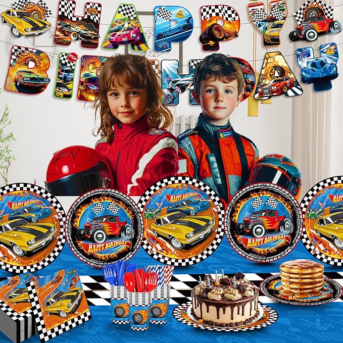 194pcs Birthday Party Decorations Supplies Race Car Plates Napkins Banner Tablecloth Disposable Parper Cups Straws Tableware Set for Kids Boys Birthday Decor 24 Guests