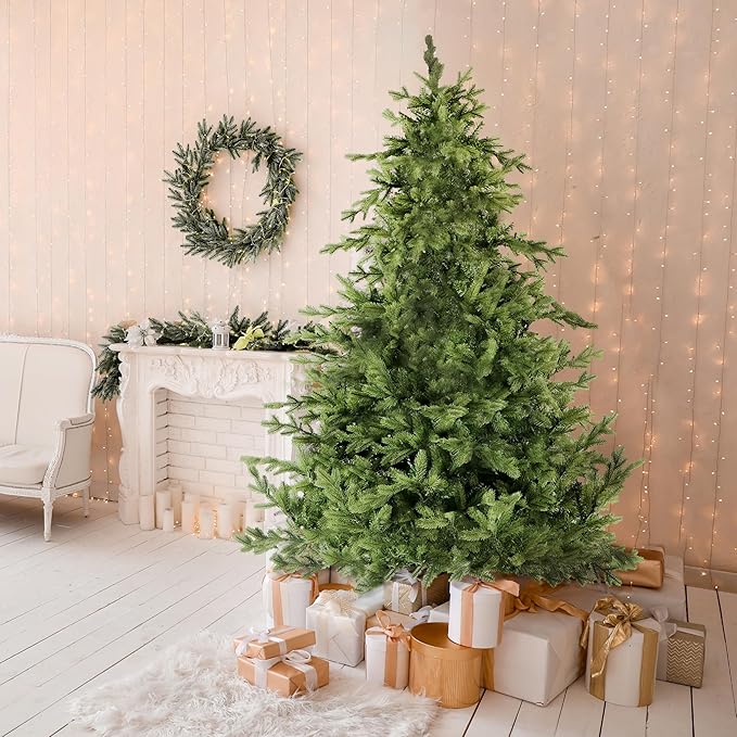 Fraser Hill Farm 9-Ft. Woodside Pine Artificial Christmas Tree with Stand and No Lights, Unlit Foldable Fake Christmas Tree with Realistic Foliage for Home Decoration