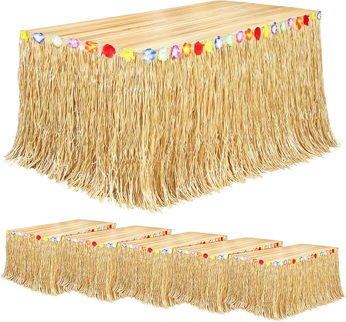 Fovths 6 Pack Luau Grass Table Skirt Natural 9 Feet x 29.5 Inch Hawaiian Table Skirt for Tropical Hawaiian Party Decorations Luau Party Costume Party, Straw Yellow