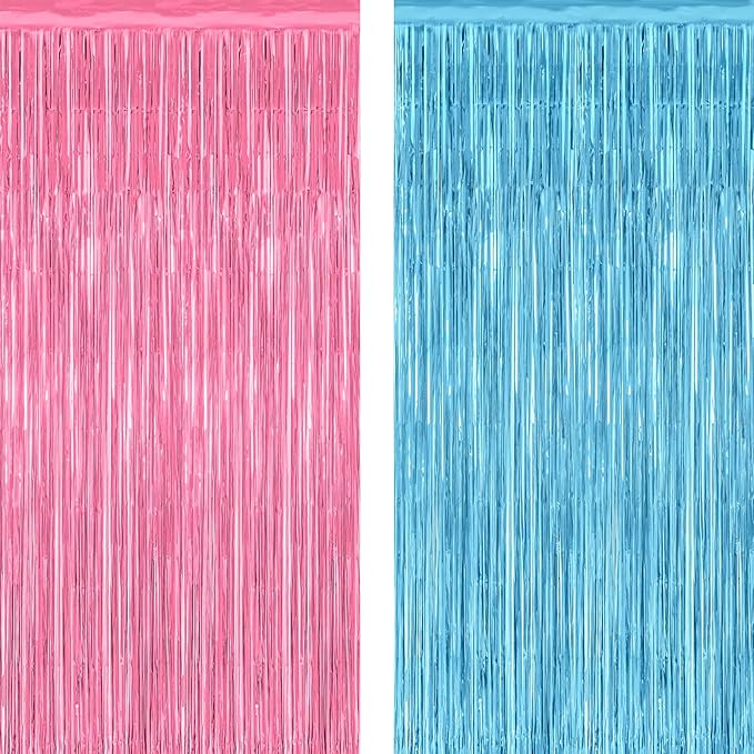 2 Pack Gender Reveal Decorations, 3.28 FT x 7.05 FT Pink and Blue Fringe Backdrop, Metallic Boy or Girl Foil Fringe Curtains Tinsel Backdrop Party Streamers, Birthday Party Decor Photo Booth Props