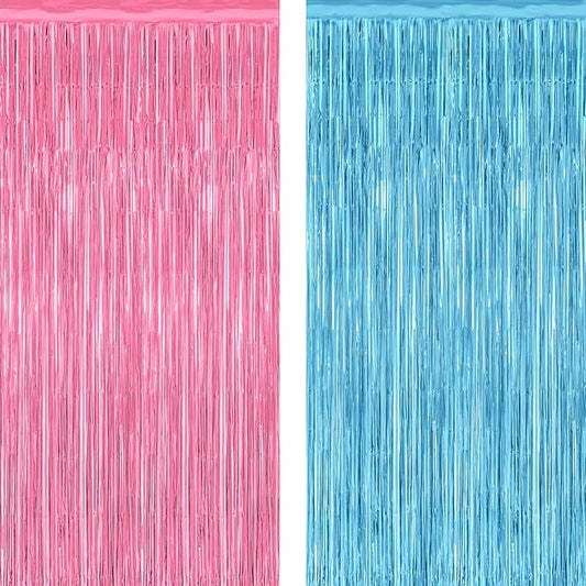 2 Pack Gender Reveal Decorations, 3.28 FT x 7.05 FT Pink and Blue Fringe Backdrop, Metallic Boy or Girl Foil Fringe Curtains Tinsel Backdrop Party Streamers, Birthday Party Decor Photo Booth Props