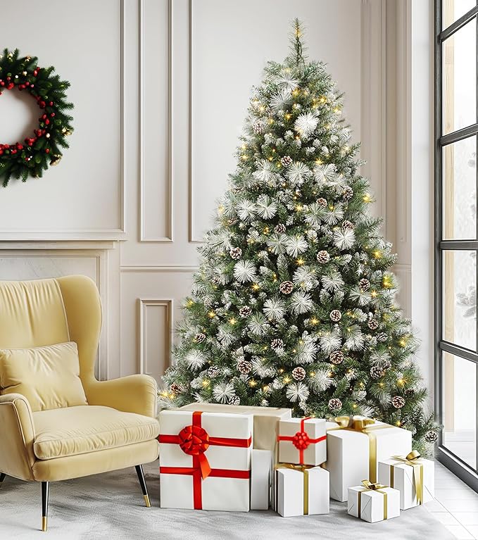 DWVO Prelit Christmas Tree 6ft with 56 Pine Cones & White Pine Needle, Atificial Tree with 250 LED Lights, Full Green Xmaxs Trees with 946 Metal Hinged Branch Tips & Stand Remote Controlled