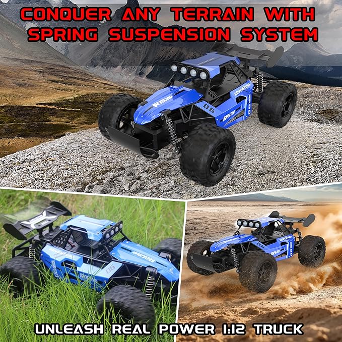 1:12 Scale RC Car for Kids 3-5-7, Fast Remote Control Monster Truck 2WD 20km/h Off-Road Toy, Alloy Shell, LED Lights, Off Road for Boys 4-7 & Beginners, 30 Minutes Play Time