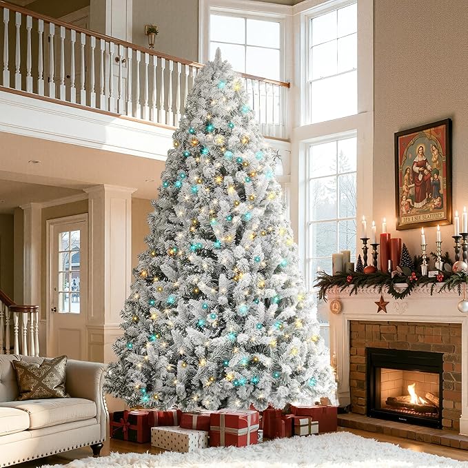 HOLLO STAR 9 ft Flocked Prelit Christmas Tree with 753 LED Lights, App Control, Artificial Christmas Tree, Multi-Color RGBW Lights, 2100 Branch Tips, Snow Xmas Tree, for Home, Party