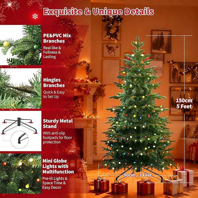5Ft Prelit Artificial Christmas Tree, Lighted Aspen Fir Christmas Tree with Multicolor Globe Lights and Metal Stand, Slim PE & PVC Mixed Layered Xmas Tree for Holiday Home Decor