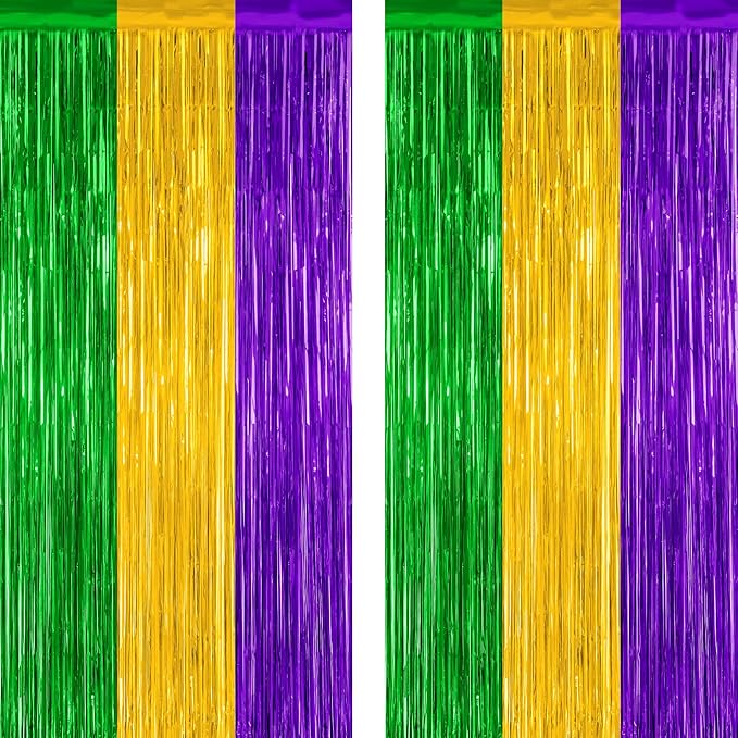 2 Pack Mardi Gras Tinsel Backdrop, 3.28 FT x 7.05 FT Metallic Fringe Curtain, Purple Gold Green Color Foil Backdrop Party Streamer, Mardi Gras Photo Booth Props Lobster Party Decorations