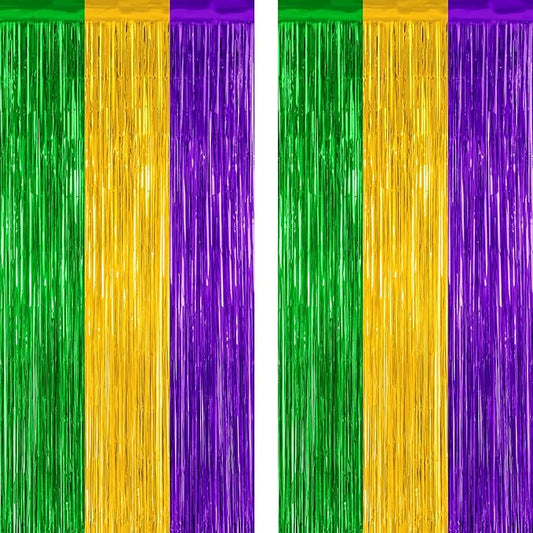 2 Pack Mardi Gras Tinsel Backdrop, 3.28 FT x 7.05 FT Metallic Fringe Curtain, Purple Gold Green Color Foil Backdrop Party Streamer, Mardi Gras Photo Booth Props Lobster Party Decorations