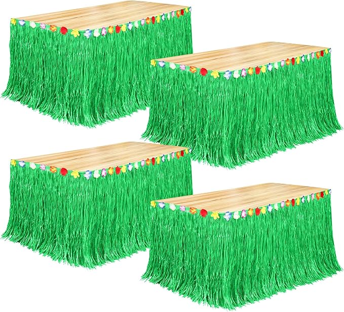 Fovths 4 Pack Luau Grass Table Skirt Natural 9 Feet x 29.5 Inch Hawaiian Table Skirt for Tropical Hawaiian Party Decorations Luau Party Costume Party, Green