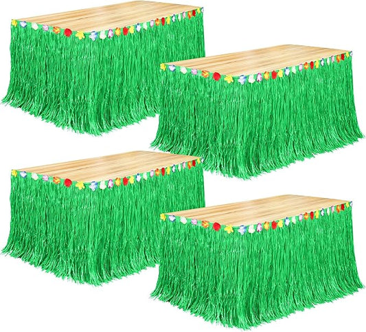 Fovths 4 Pack Luau Grass Table Skirt Natural 9 Feet x 29.5 Inch Hawaiian Table Skirt for Tropical Hawaiian Party Decorations Luau Party Costume Party, Green