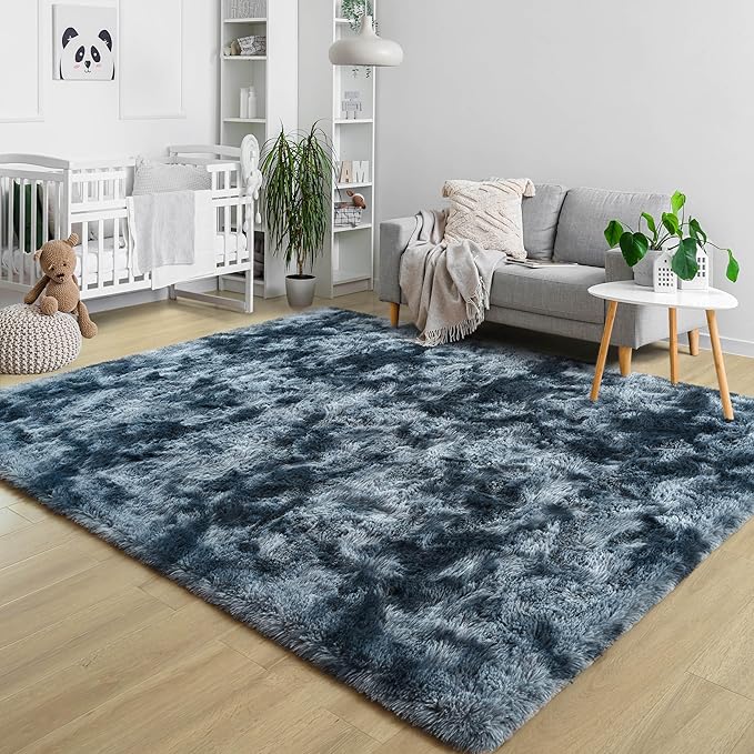 6x9 Fluffy Soft Living Room Bedroom Rug, Large Area Rugs Shaggy Carpet for Living Room ClassroomKids Boys Room Toddler Nursery Dorm Home Decor, Modern Indoor Non Slip Rug Tie-Dyed Blue Grey